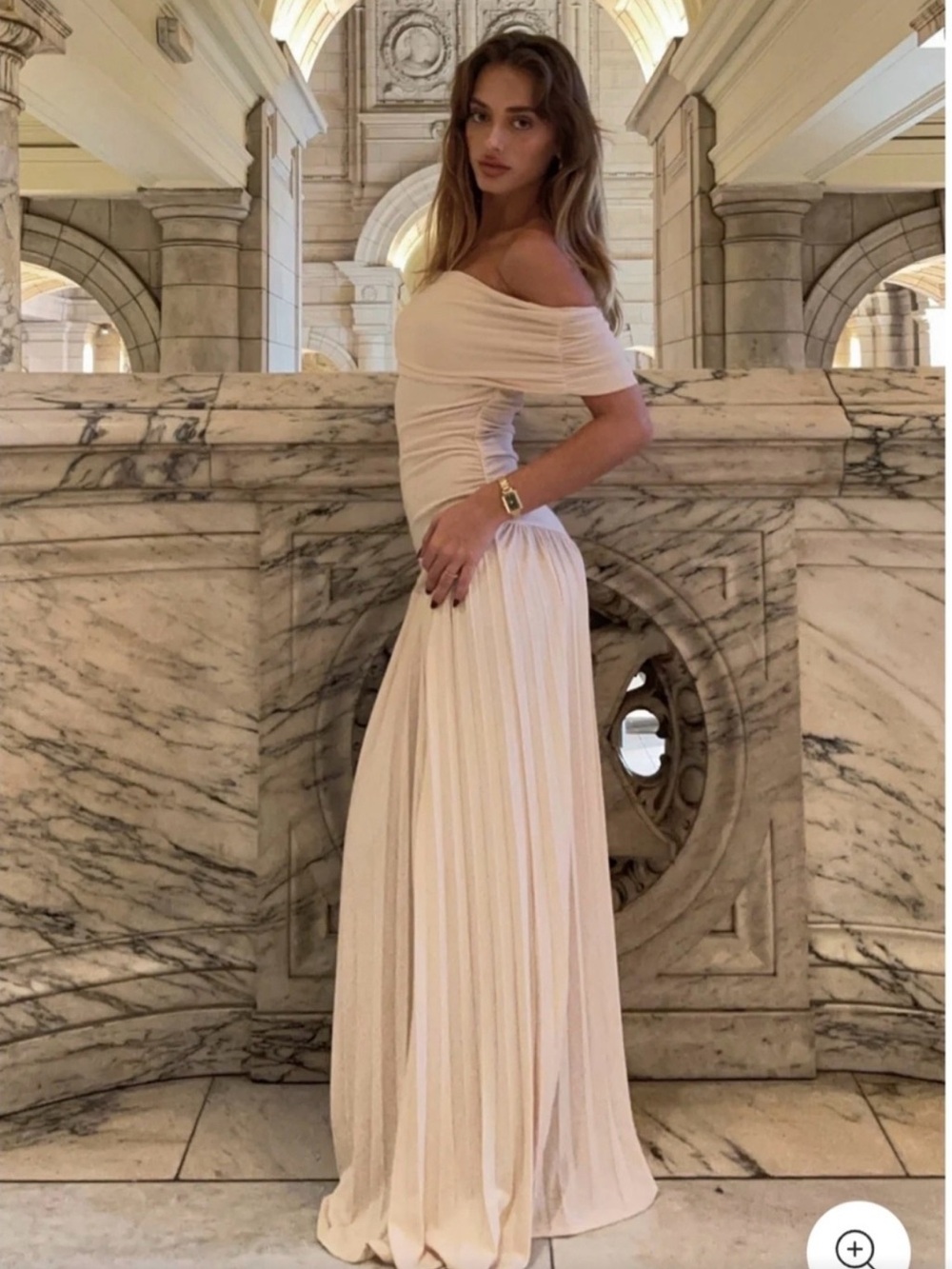 Lioness Cream Off-Shoulder Pleated Maxi Dress